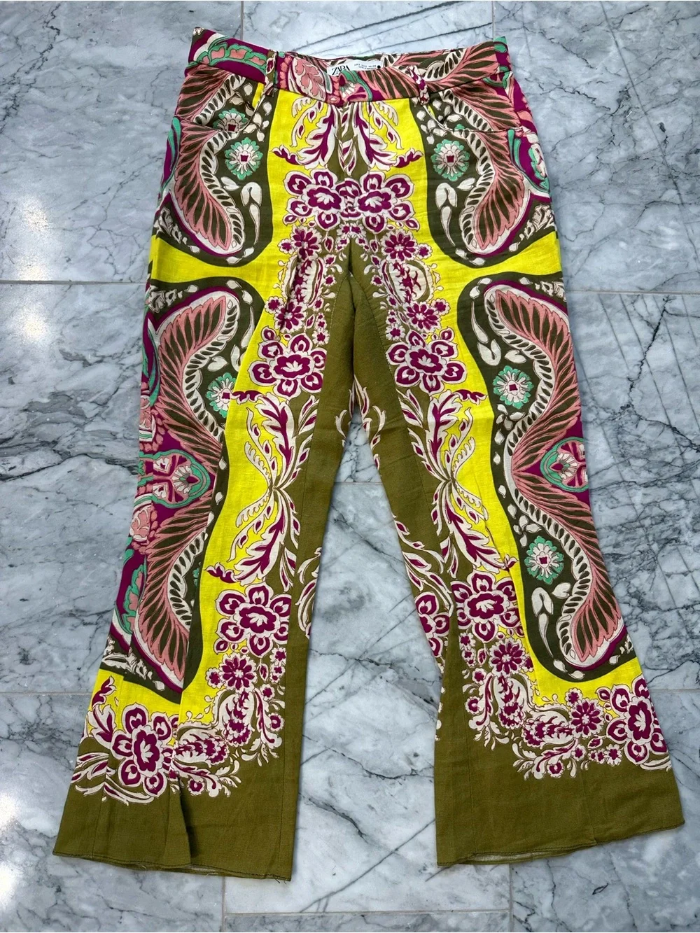 ZARA SET Bright Yellow Army Green Pink Linen Cotton Blend Blazer & Cropped Pants